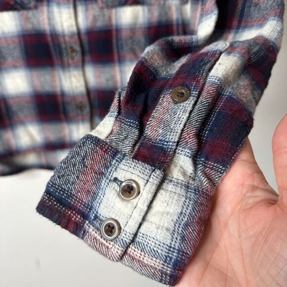 Black Red Blue White Plaid Cropped Long Sleeve Flannel Button Down Shirt M - Picture 5 of 11